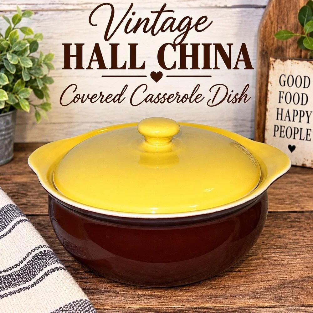 Vintage Hall China Covered Casserole Dish Brown Yellow Ceramic 8” MCM